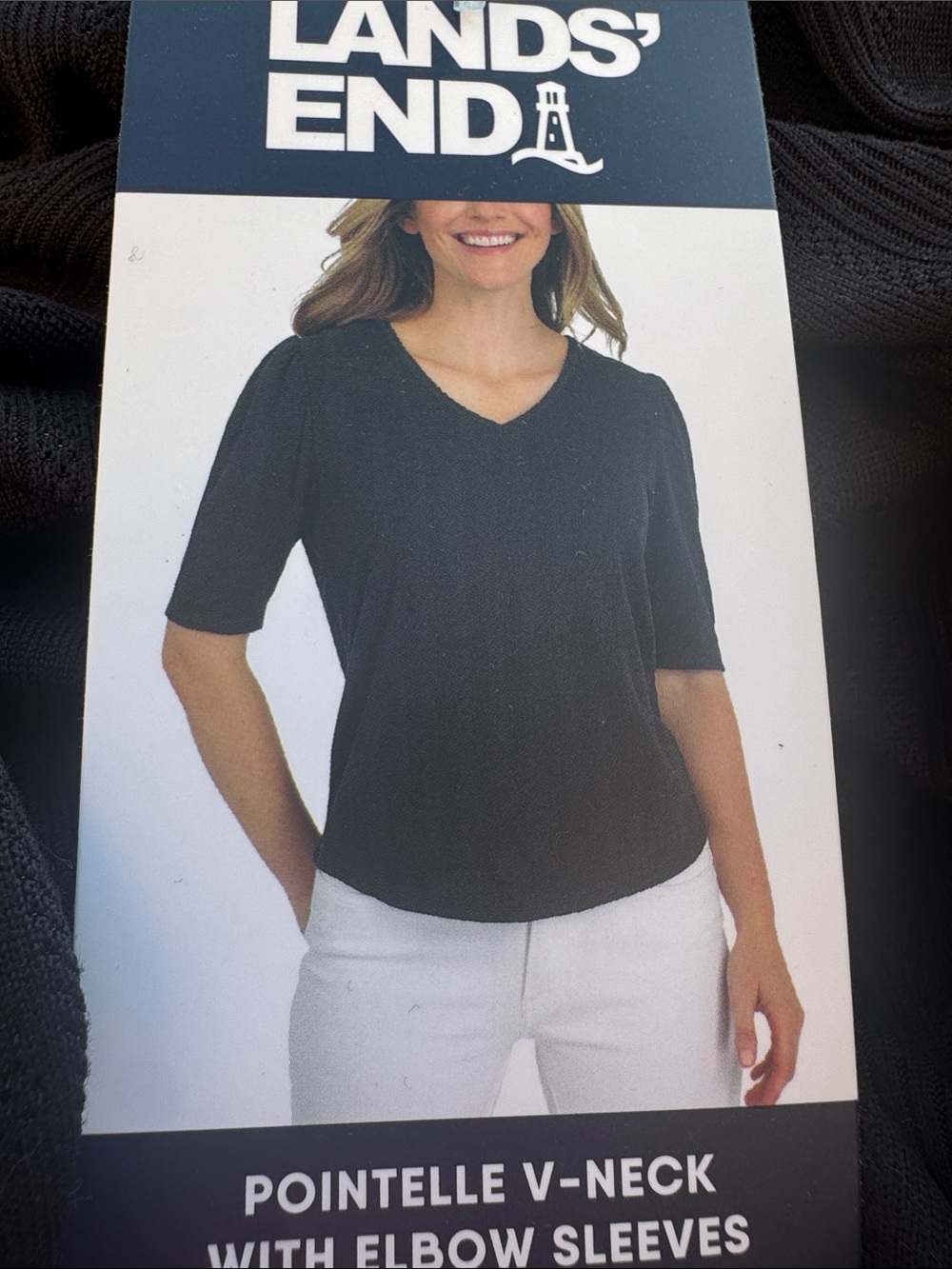 Lands' End Black Pointelle V-Neck Elbow Sleeve Top